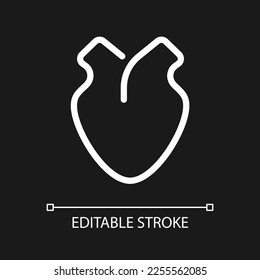 Heart pixel perfect white linear ui icon for dark theme. Medical checkup. Circulatory system. Vector line pictogram. Isolated user interface symbol for night mode. Editable stroke. Arial font used