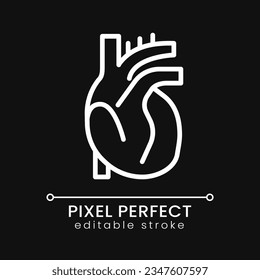 Heart pixel perfect white linear icon for dark theme. Human body organ. Cardiac disorders treatment. Thin line illustration. Isolated symbol for night mode. Editable stroke. Poppins font used