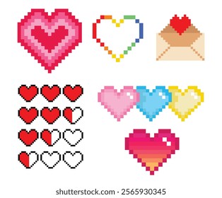 Heart pixel set, valentines day element design, vector
