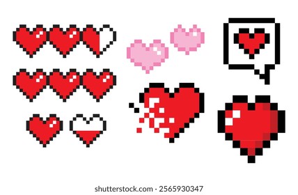 Heart pixel set, valentines day element design, vector