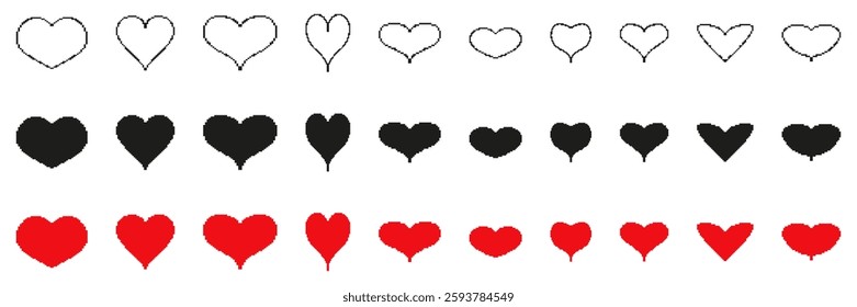 Heart Pixelated Icon Set. Pixel Art Symbol Collection Of Heart Shapes In Various Colors And Sizes. Isolated Vector Illustration.