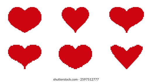 Heart Pixelated Icon Set. Pixel Art Symbol Collection Of Red Hearts In Various Shapes. Isolated Vector Illustration.