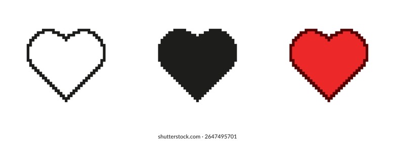 Heart Pixelated Icon Set. Pixel Art Depiction of Love and Affection. Symbol of Care and Passion. Isolated Vector Illustration.