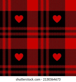Heart plaid pattern in red and black for Valentines Day flannel shirt, skirt, blanket, scarf. Seamless herringbone tartan check texture for modern spring summer autumn winter fashion textile print.