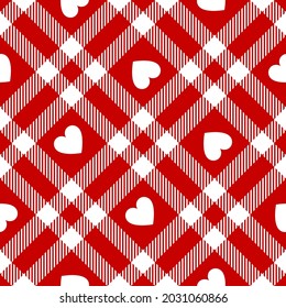 Heart plaid pattern in red and white for Valentines Day prints. Seamless geometric tartan background for skirt, dress, tablecloth, blanket, duvet cover, scarf, bandana, other fashion textile design.