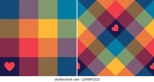 Heart plaid pattern for Valentines Day in colorful blue, red, yellow. Seamless tartan for scarf, pyjamas, blanket, duvet cover, other modern spring summer autumn winter holiday fashion fabric design.