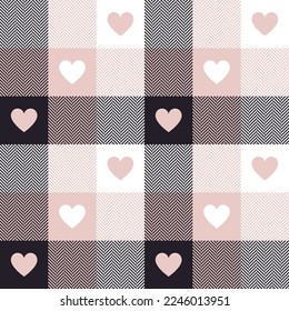 Heart plaid pattern for Valentines Day in black, powder pink, white. Seamless tartan buffalo check set for flannel shirt, scarf, blanket, other modern spring summer autumn winter holiday design.