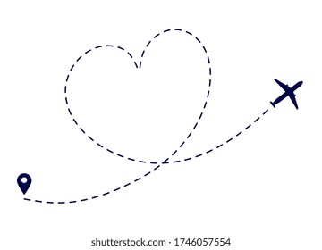 Heart plane route. Love plane path. Airplane flying destination. Lovely romantic traveling honeymoon. Dotted flight way vector illustration