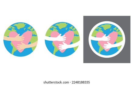 Heart and planet earth embracing, sticker, vector, illustration.