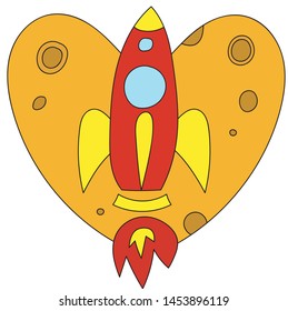 heart planet in retro style, heart and rocket, cosmic vector illustration