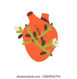 Heart with plant branch, blossomed flowers, leaves around. Kindness, tenderness, love, generosity, charity, goodness, organ donation concept. Flat vector illustration isolated on white background