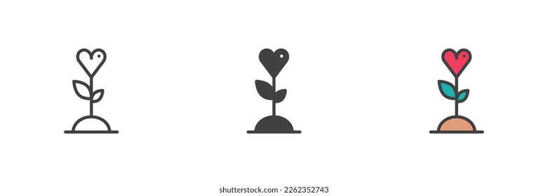 Heart plant different style icon set. Line, glyph and filled outline colorful version, outline and filled vector sign. Charity symbol, logo illustration. Vector graphics