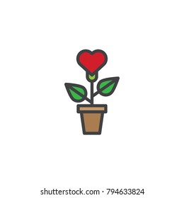 Heart plant in flower pot filled outline icon, line vector sign, linear colorful pictogram isolated on white. Love growth symbol, logo illustration. Pixel perfect vector graphics