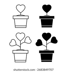 Vector del icono de la planta del corazón en pote con estilo del arte de la línea y estilo audaz en el fondo blanco para el elemento o el icono del diseño sobre el amor o el afecto