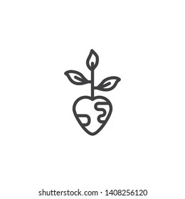 Heart with plant line icon. Earth planet love linear style sign for mobile concept and web design. World nature care outline vector icon. Eco environment symbol, logo illustration. Vector graphics