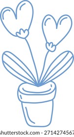 Planta de corazón con dos flores de corazón en una Pequeña maceta, delineada con líneas limpias y curvas suaves. Símbolo de amor, cuidado, romance y crecimiento para saludo, boda. Ilustración vectorial de dibujos animados.