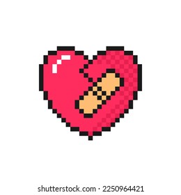 Corazón con icono de escayola en estilo de arte píxel. Símbolo de amor para el Día de San Valentín. Aislado en el signo vectorial de fondo blanco