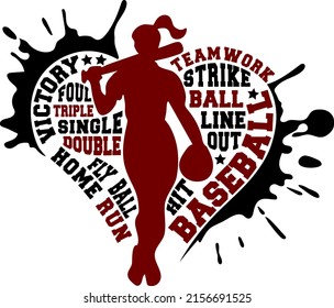 Heart with player silhouette and phrases sports design for baseball fans. Women version. Baseball theme design for sport lovers stuff and perfect gift for players and fans