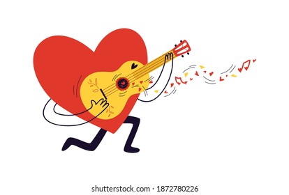 Сartoon heart plays the guitar. Сharacter in the shape of a red heart sings a serenade. Small hearts and notes fly out of the yellow painted guitar. Valentine's Day concept. Vector stock illustration.