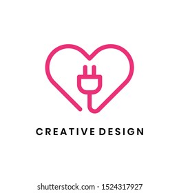 Heart and plug logo design vector with line art style