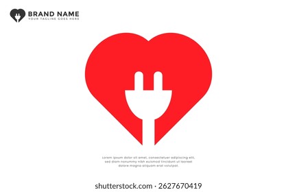 Heart plug logo. modern logo merging heart with plug. Represents the power of love, vital power, vital energy, connection, tech heart or technological heart.