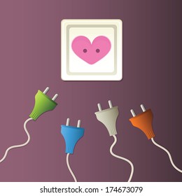 Heart Plug Socket Socket and plugs. Woman and men. Which one is the best match? Objects grouped and layered.  Easy to edit vector illustration.