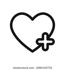 Heart plus icon black and white vector sign
