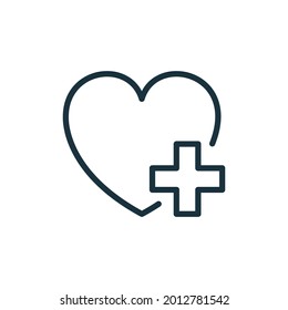 Heart with Plus Line Icon. Donation Concept. Charity and Humanitarian Aid Linear Pictogram. Healthcare Assistance Outline Icon. Editable Stroke. Isolated Vector Illustration.
