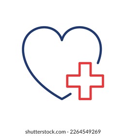 Heart with Plus Line Icon. Donation Concept. Charity and Humanitarian Aid Linear Pictogram. Healthcare Assistance Outline Icon. Editable Stroke. Isolated Vector Illustration.