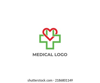Heart Plus Logo Concept icon sign symbol Design Line Art Style. Medical Health Care Logotype. Vector illustration logo template