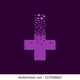 Heart with plus sign, pixel dots logo. First aid, pharmacy and healthcare symbols. Heart sign pixel up. Hearts are filled with a sign of interest. Complementary and integrative pixel movement.