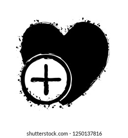 heart and plus. simple silhouette. Black ink with splashes on white background