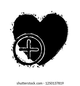heart and plus. simple silhouette. Black ink with splashes on white background