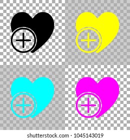 heart and plus. simple silhouette. Colored set of cmyk icons on transparent background