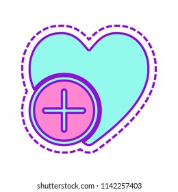 heart and plus. simple silhouette. Colored sketch with dotted border on white background