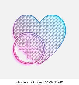 heart and plus. simple silhouette. Colored logo with diagonal lines and blue-red gradient. Neon graphic, light effect