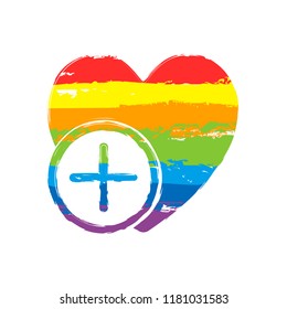 heart and plus. simple silhouette. Drawing sign with LGBT style, seven colors of rainbow (red, orange, yellow, green, blue, indigo, violet