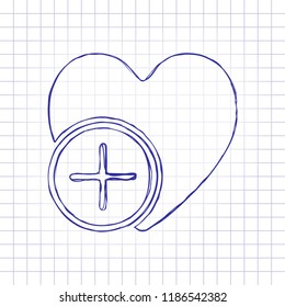 heart and plus. simple silhouette. Hand drawn picture on paper sheet. Blue ink, outline sketch style. Doodle on checkered background