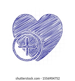 heart and plus. simple silhouette. Hand drawn sketched picture with scribble fill. Blue ink. Doodle on white background