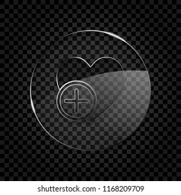 heart and plus. simple silhouette. Icon in circle glass bubble on dark transparent grid. Glass style