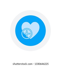heart and plus. simple silhouette. Icon in colored circle with gray bold border. Web button, modern flat design