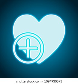 heart and plus. simple silhouette. Neon style. Light decoration icon. Bright electric symbol