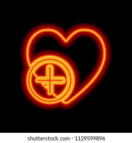 heart and plus. simple silhouette. Orange neon style on black background. Light icon