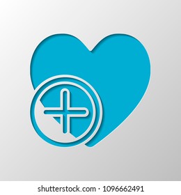 heart and plus. simple silhouette. Paper design. Cutted symbol with shadow