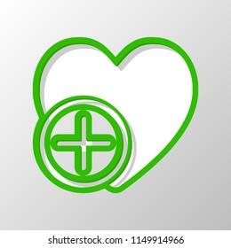 heart and plus. simple silhouette. Paper style. Cut symbol with green bold contour on shape and simple shadow