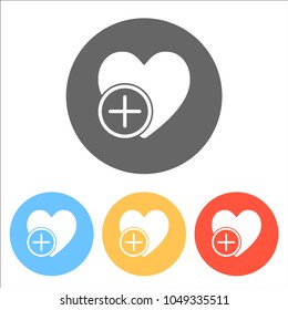 heart and plus. simple silhouette. Set of white icons on colored