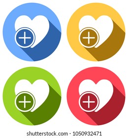 heart and plus. simple silhouette. Set of white icons with long shadow on blue, orange, green and red colored circles. Sticker style