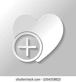 heart and plus. simple silhouette. Set of paper style icons with shadow on gray background
