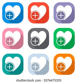 heart and plus. simple silhouette. Set of white icons on colored
