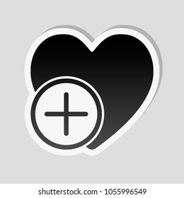 heart and plus. simple silhouette. Sticker style with white border and simple shadow on gray background